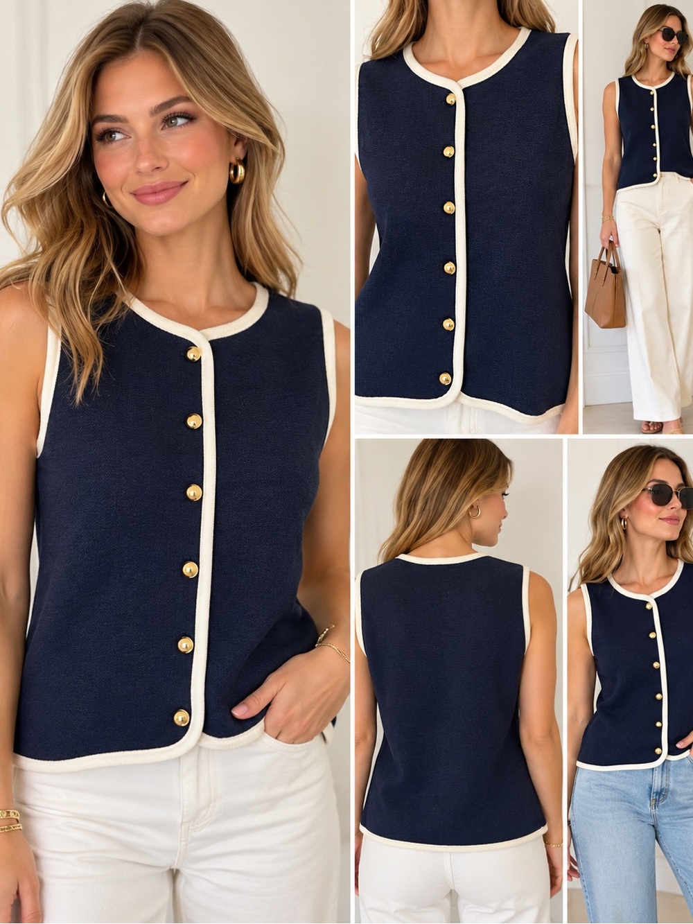 Bailey 44 Navy Ivory Trim Gold Button Sleeveless Knit Vest Top M